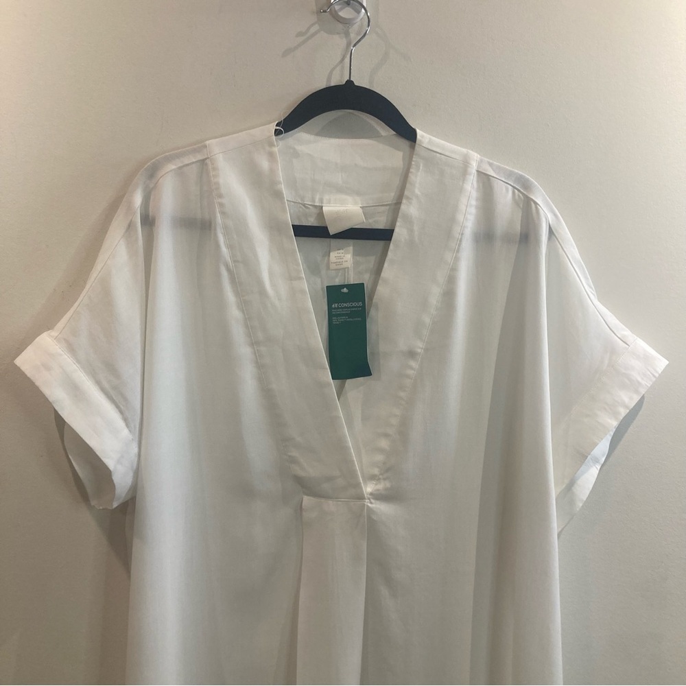 H&M Sz M 100% Lyocell V-Neck Front Pleat Short Sleeve Beach Cover Up Kaftan NEW - Picture 3 of 16